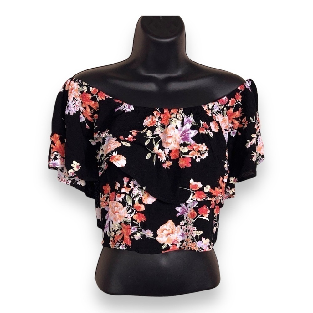 XL JUNIORS XHILARATION BLACK PINK FLORAL RUFFLE OFF SHOULDER PEASANT TOP